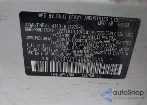 2013 Subaru Xv Crosstrek 2.0I Premium z USA, uszkodzony, nr VIN JF2GPACC5DH862595